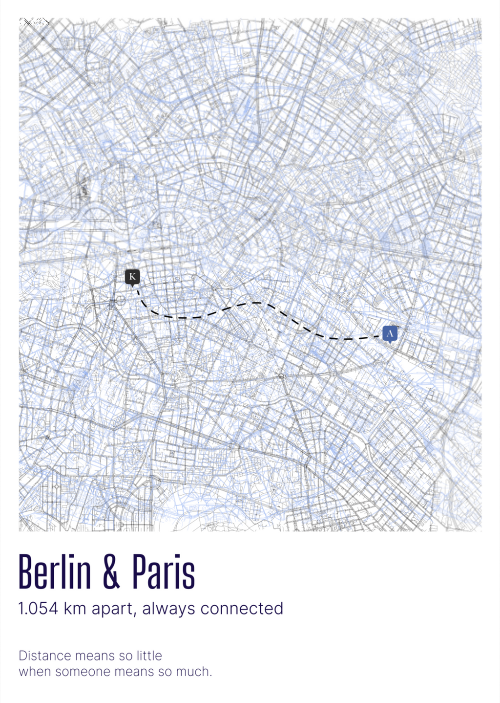 Custom Overlaid Cities Map (Distance means so little) Design 2 / 40% Off for 2+ Printed Maps Bundle