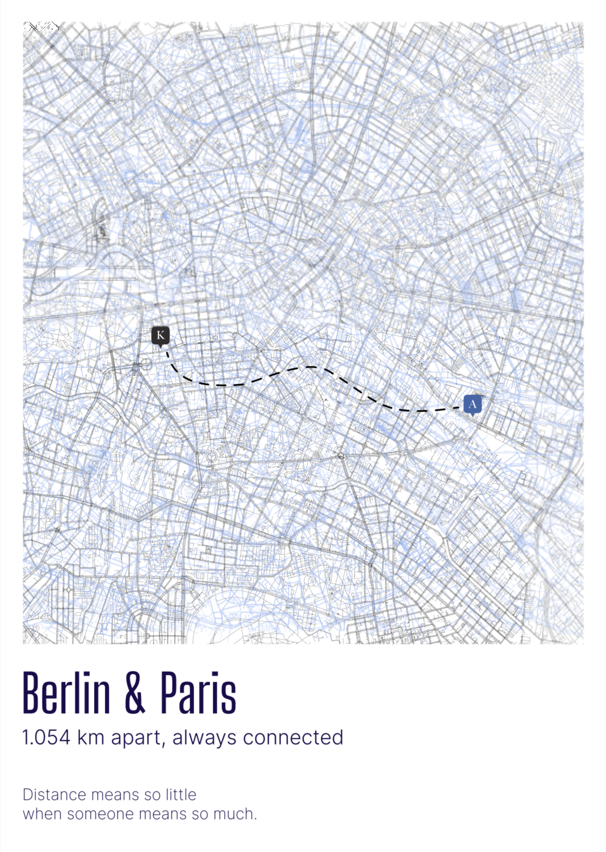 Custom Overlaid Cities Map (Distance means so little) Design 2 / 40% Off for 2+ Printed Maps Bundle